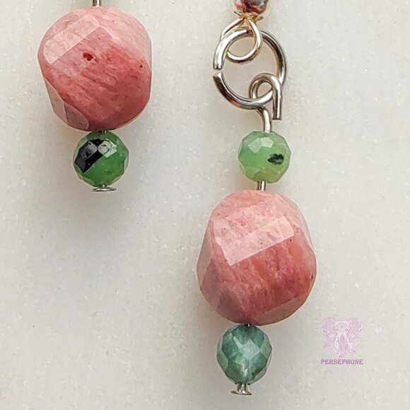 “Eostre” Goddess of Renewal Earrings | Emerald & Rhodonite | Handmade | Boho - Picture 2 of 4